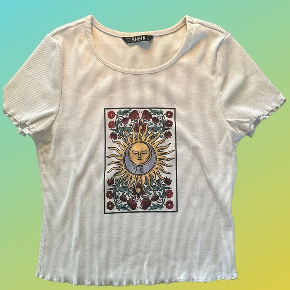 SHEIN Tops - S Graphic Tee Sun Crop Top Short Sleeve Form Fitting with Ruffled Hem